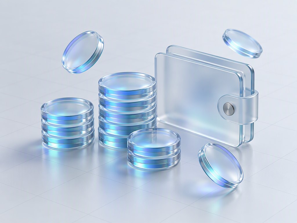 Stacked translucent tokens beside a glass wallet