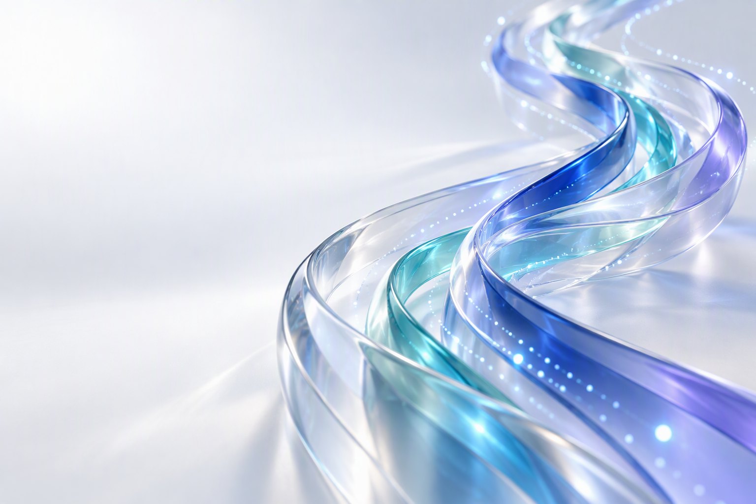 Translucent blue and teal data ribbons flowing through a bright studio space